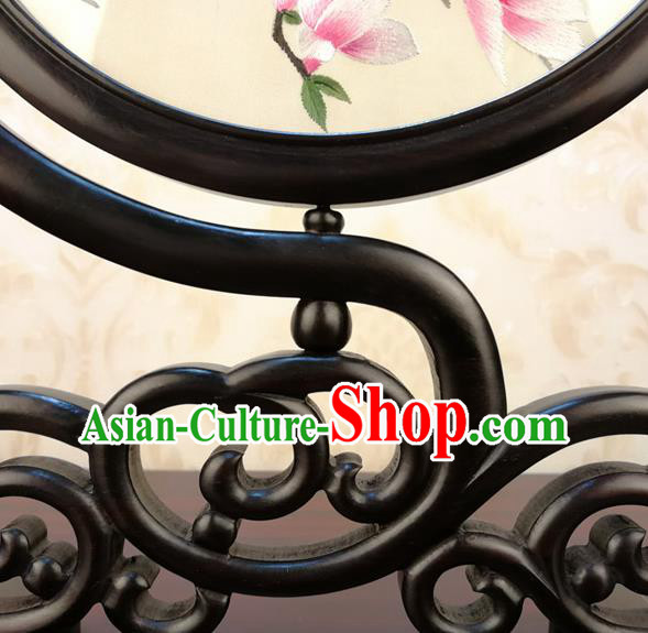 China Handmade Blackwood Desk Ornament Embroidery Silk Craft Traditional Embroidered Mangnolia Birds Table Screen