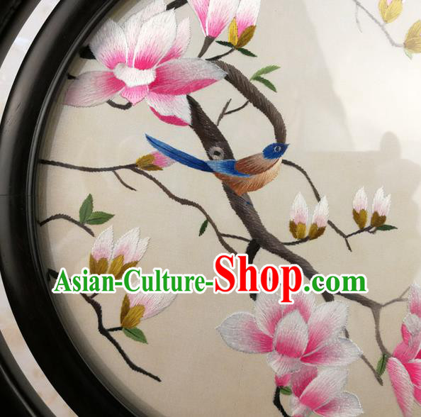 China Handmade Blackwood Desk Ornament Embroidery Silk Craft Traditional Embroidered Mangnolia Birds Table Screen