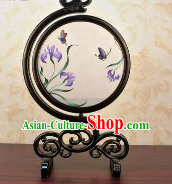 China Traditional Blackwood Carving Table Screen Handmade Embroidered Orchids Silk Craft