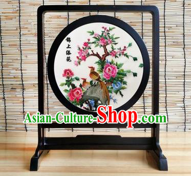 China Handmade Embroidery Craft Traditional Suzhou Embroidered Pheasant Peony Table Screen Ornament