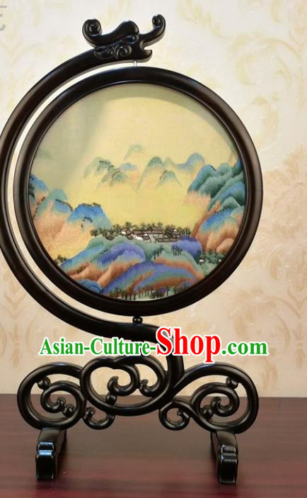China Traditional Carving Blackwood Table Screen Handmade Embroidered Landscape Desk Decoration