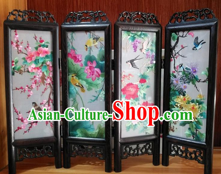 Chinese Embroidery Plum Lotus Peony Chrysanthemum Desk Ornaments Handmade Rosewood Carving Folding Screen