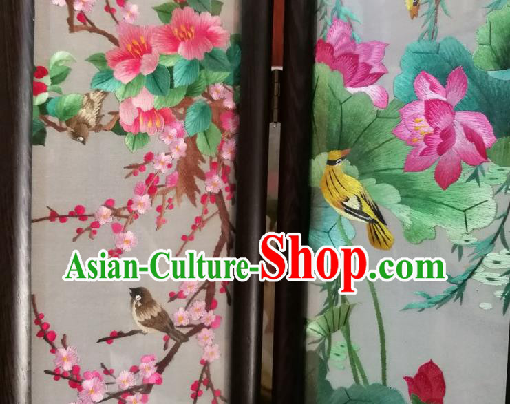Chinese Embroidery Plum Lotus Peony Chrysanthemum Desk Ornaments Handmade Rosewood Carving Folding Screen