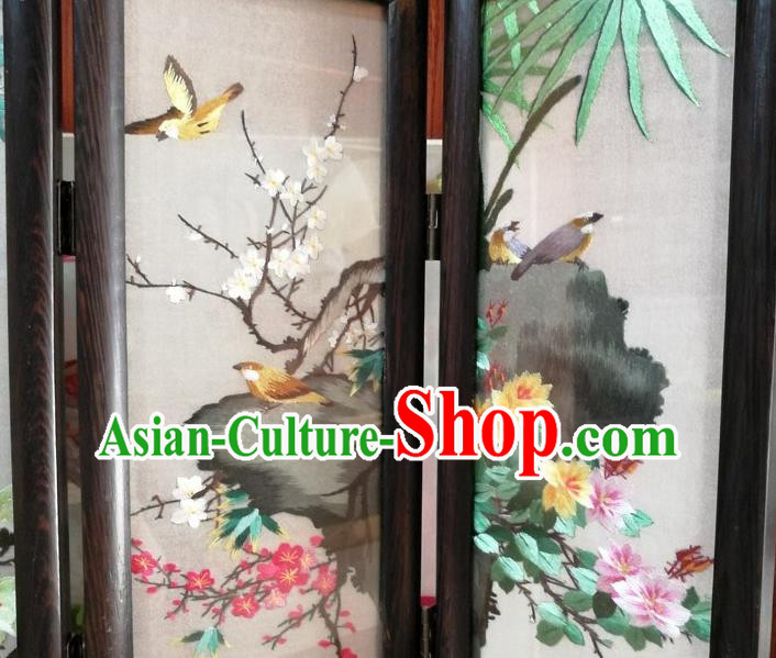 Chinese Handmade Rosewood Carving Folding Screen Embroidery Flowers Birds Desk Ornaments