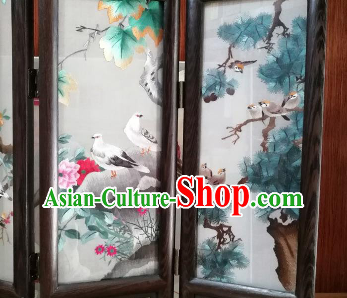 Chinese Suzhou Embroidery Birds Desk Ornaments Handmade Rosewood Folding Screen Craft