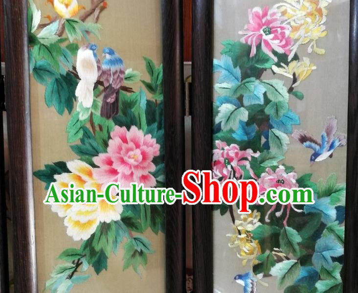 Chinese Handmade Rosewood Craft Folding Screen Suzhou Embroidery Plum Lotus Peony Chrysanthemum Desk Ornaments