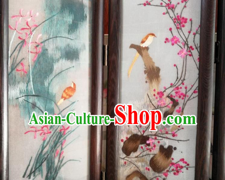 Chinese Desk Ornaments Handmade Rosewood Craft Suzhou Embroidery Plum Orchids Bamboo Chrysanthemum Folding Screen