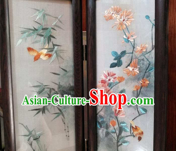 Chinese Desk Ornaments Handmade Rosewood Craft Suzhou Embroidery Plum Orchids Bamboo Chrysanthemum Folding Screen