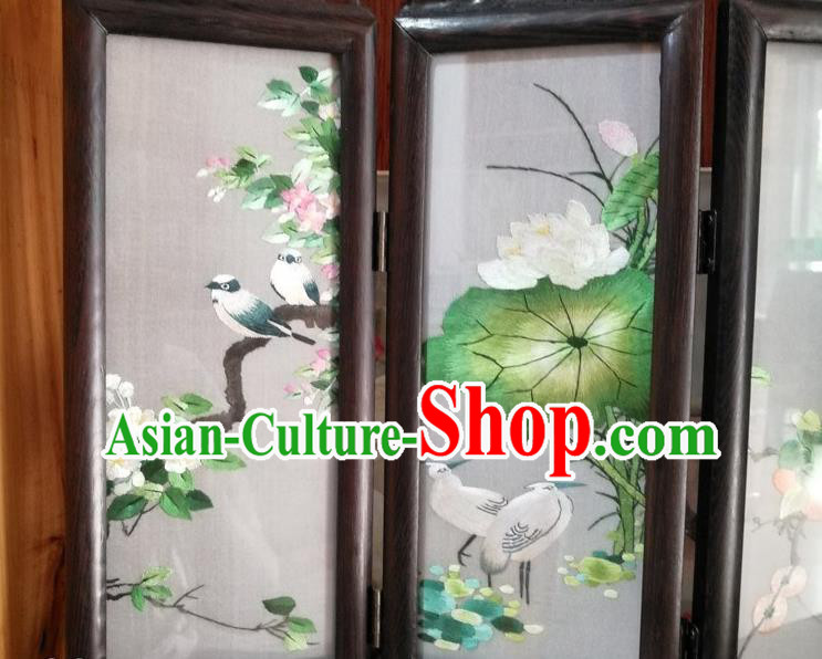 Chinese Suzhou Embroidery Silk Folding Screen Desk Ornaments Handmade Rosewood Craft