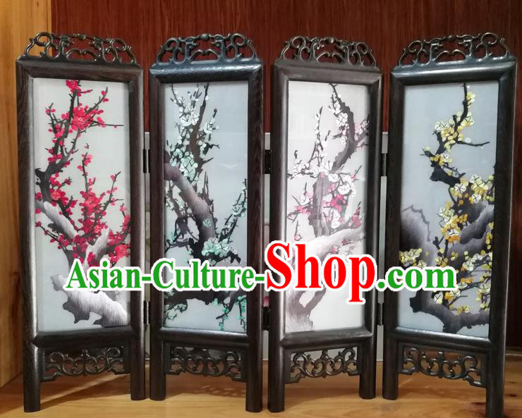 Chinese Handmade Rosewood Craft Suzhou Embroidery Plum Blossom Silk Folding Screen Desk Ornaments