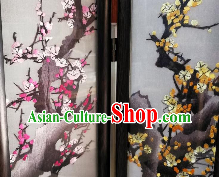 Chinese Handmade Rosewood Craft Suzhou Embroidery Plum Blossom Silk Folding Screen Desk Ornaments