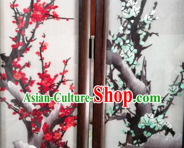 Chinese Handmade Rosewood Craft Suzhou Embroidery Plum Blossom Silk Folding Screen Desk Ornaments