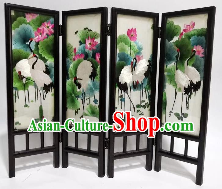 Chinese Handmade Desk Ornaments Blackwood Folding Screen Suzhou Embroidery Crane Lotus Table Screen Craft