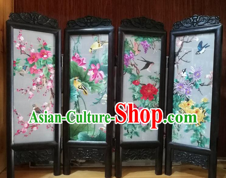 Chinese Suzhou Embroidered Plum Lotus Peony Chrysanthemum Table Screen Traditional Blackwood Folding Screen