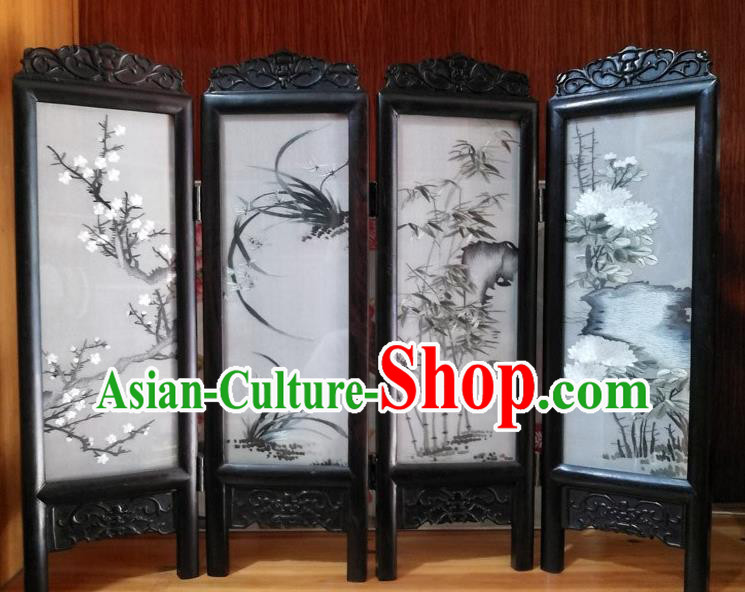 Chinese Traditional Handmade Blackwood Folding Screen Suzhou Embroidered Plum Orchids Bamboo Chrysanthemum Table Screen