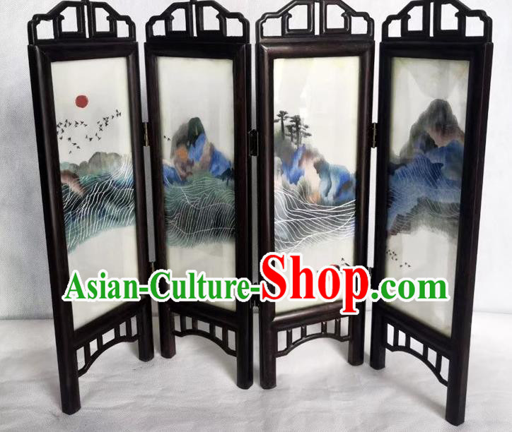 Chinese Rosewood Folding Screen Craft Suzhou Embroidery Landscape Table Screen Handmade Desk Ornaments