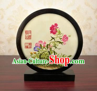 China Traditional Suzhou Embroidered Peony Table Screen Artware Handmade Blackwood Desk Screen