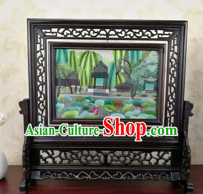 Chinese Traditional Handmade Wenge Carving Rotatable Screen Suzhou Embroidered Daming Lake Table Screen