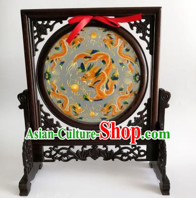 Chinese Traditional Wenge Rotatable Screen Craft Handmade Double Side Embroidered Dragons Table Screen