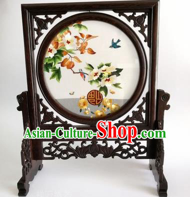 Chinese Embroidered Pear Blossom Table Screen Traditional Wenge Rotatable Screen Handmade Double Side Silk Screen