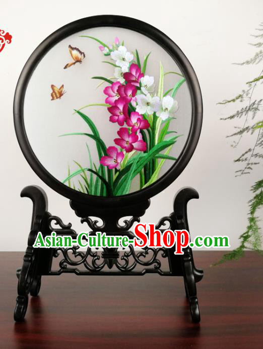 China Double Side Silk Screen Suzhou Embroidery Orchids Table Screen Traditional Handmade Blackwood Desk Ornament