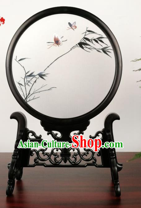 China Traditional Double Side Silk Screen Suzhou Embroidery Reed Table Screen Handmade Blackwood Desk Artware