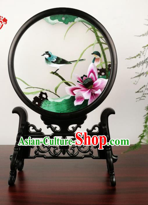 China Double Side Silk Screen Handmade Blackwood Table Screen Suzhou Embroidery Lotus Craft
