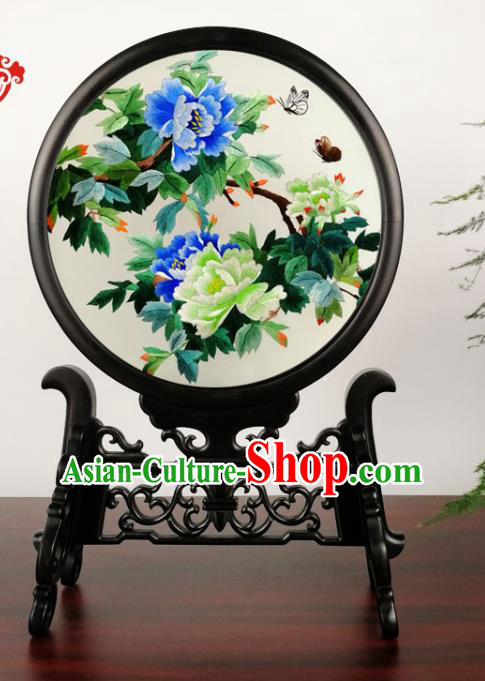 China Suzhou Embroidery Peony Craft Double Side Silk Screen Handmade Blackwood Table Screen