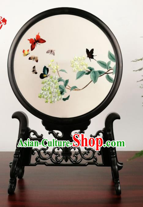 China Handmade Blackwood Table Screen Suzhou Embroidery Hydrangea Craft Double Side Silk Screen