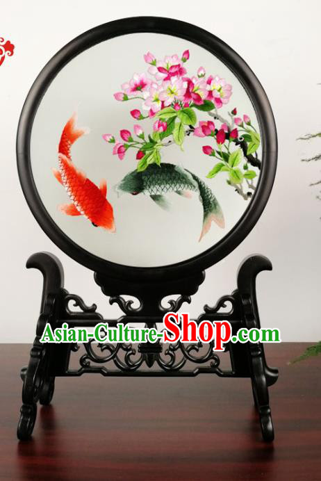 China Handmade Blackwood Carving Table Screen Suzhou Double Side Embroidery Begonia Carps Desk Screen