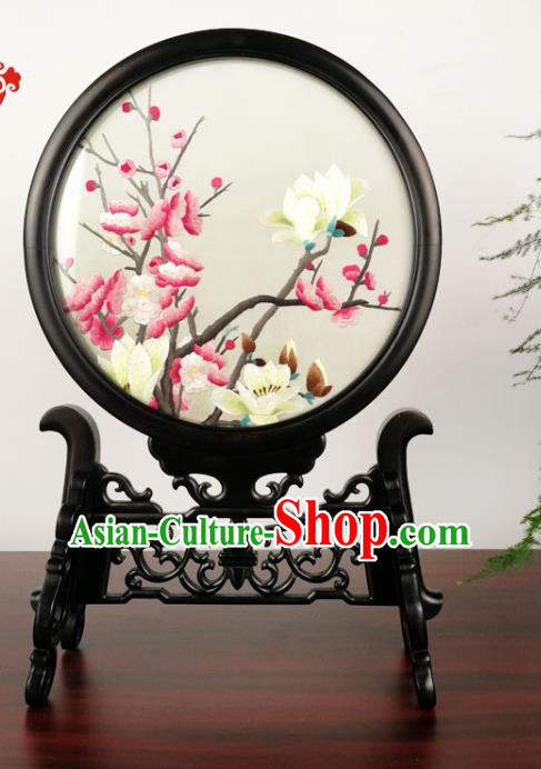 China Handmade Embroidered Mangnolia Plum Table Screen Traditional Double Side Embroidery Desk Screen