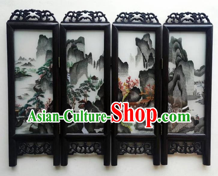 Chinese Suzhou Embroidery Landscape Table Screen Handmade Wenge Folding Screen