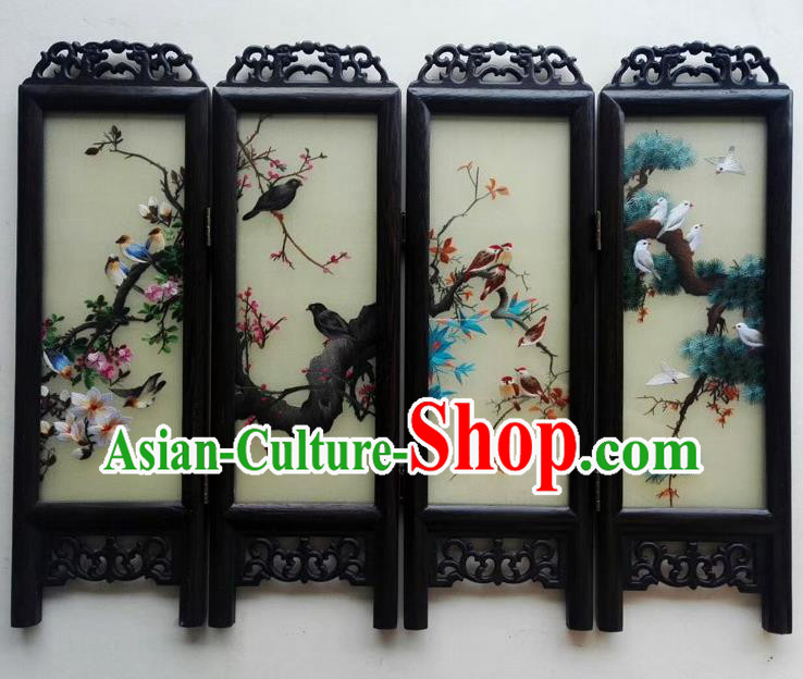 Chinese Handmade Wenge Byobu Folding Screen Double Side Embroidery Flowers Birds Table Screen