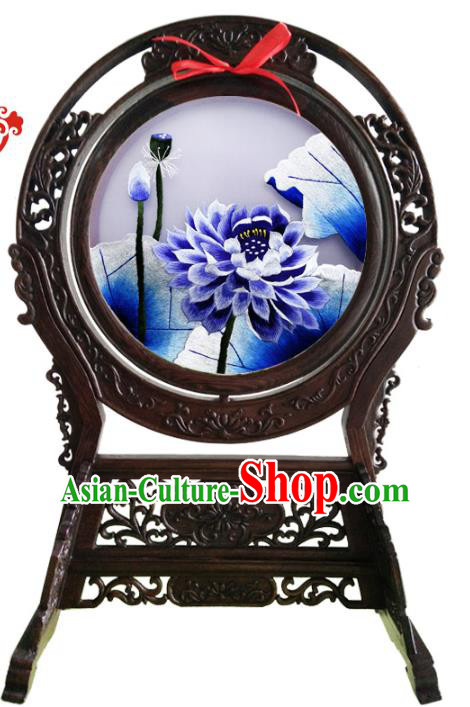 China Suzhou Embroidery Craft Handmade Wenge Table Ornament Embroidered Lotus Desk Screen