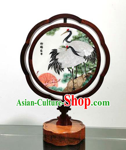 China Handmade Wood Decoration Table Lantern Screen Embroidered Cranes LED Bedside Lamp