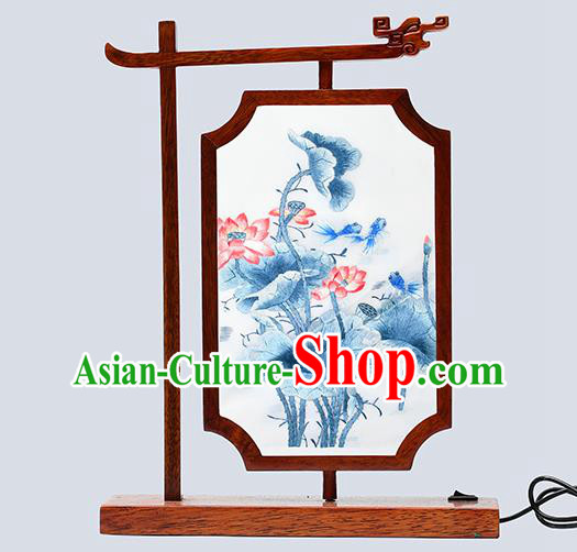 China Handmade Wood Table Decoration LED Desk Lantern Suzhou Embroidered Lotus Bedside Lamp