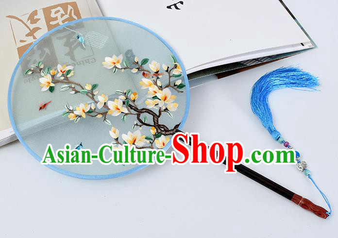 China Handmade Palace Fan Classical Dance Blue Silk Fan Traditional Suzhou Embroidered Mangnolia Circular Fan