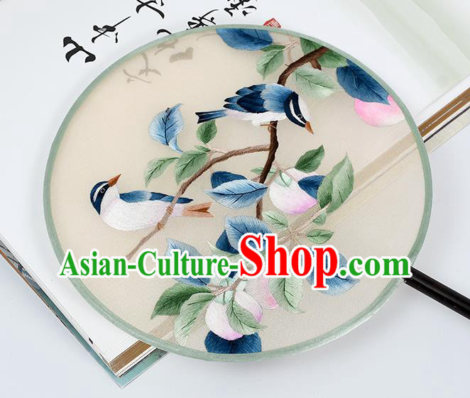 China Traditional Suzhou Embroidered Peach Birds Circular Fan Handmade Palace Fan Classical Dance Silk Fan