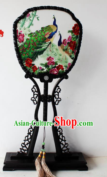 China Classical Dance Blackwood Fan Handmade Embroidered Peacock Silk Fan Traditional Palace Fan