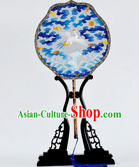 China Handmade Palace Fan Classical Mottled Bamboo Fan Traditional Embroidered Cloud Crane Silk Fan