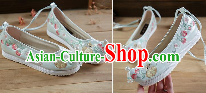 China Light Green Satin Shoes Beads Tassel Shoes Hanfu Shoes Embroidered Strawberry Squirrel Shoes