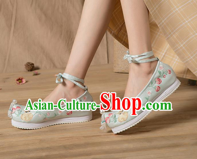 China Light Green Satin Shoes Beads Tassel Shoes Hanfu Shoes Embroidered Strawberry Squirrel Shoes