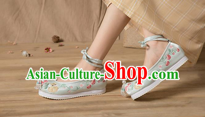 China Light Green Satin Shoes Beads Tassel Shoes Hanfu Shoes Embroidered Strawberry Squirrel Shoes