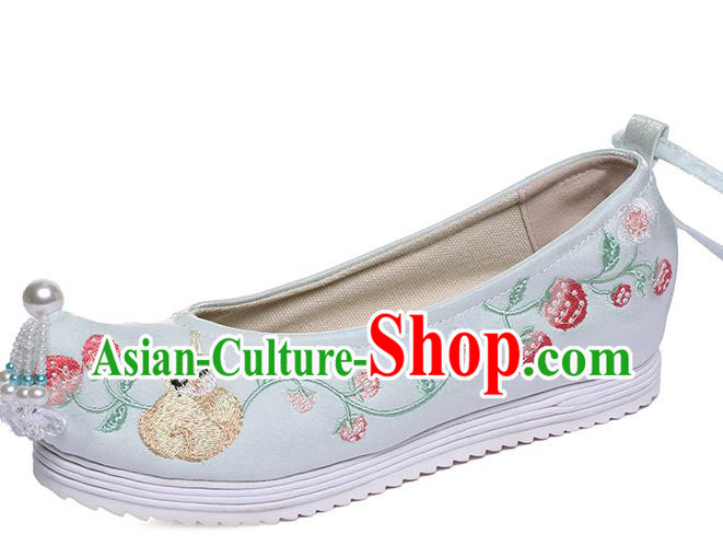 China Light Green Satin Shoes Beads Tassel Shoes Hanfu Shoes Embroidered Strawberry Squirrel Shoes