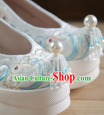China White Velvet Shoes Traditional Hanfu Shoes Embroidered Rabbit Platform Shoes