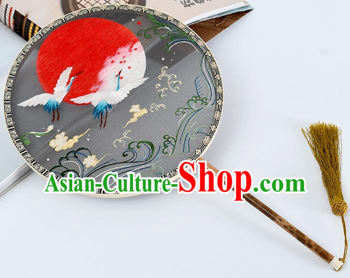China Handmade Mottled Bamboo Palace Fan Classical Grey Silk Fan Traditional Embroidered Crane Circular Fan