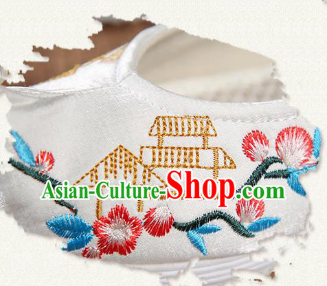 China Embroidered White Satin Shoes Ancient Princess Shoes Traditional Hanfu Pearl Shoes