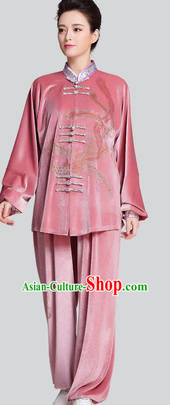 China Female Kung Fu Tai Chi Clothing Traditional Diamante Phoenix Pink Velvet Uniforms