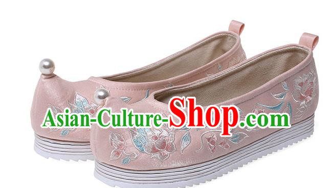 China Ancient Princess Shoes Traditional Hanfu Pink Cloth Shoes Ming Dynasty Embroidered Lotus Shoes