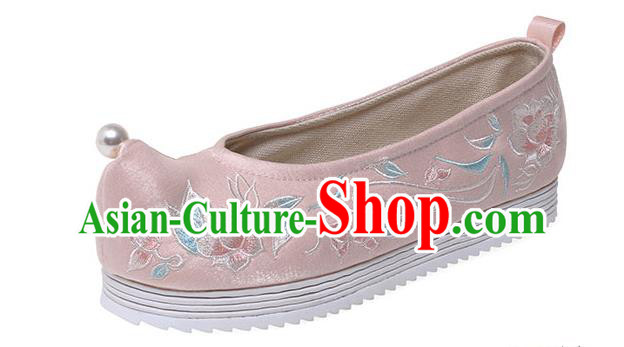 China Ancient Princess Shoes Traditional Hanfu Pink Cloth Shoes Ming Dynasty Embroidered Lotus Shoes